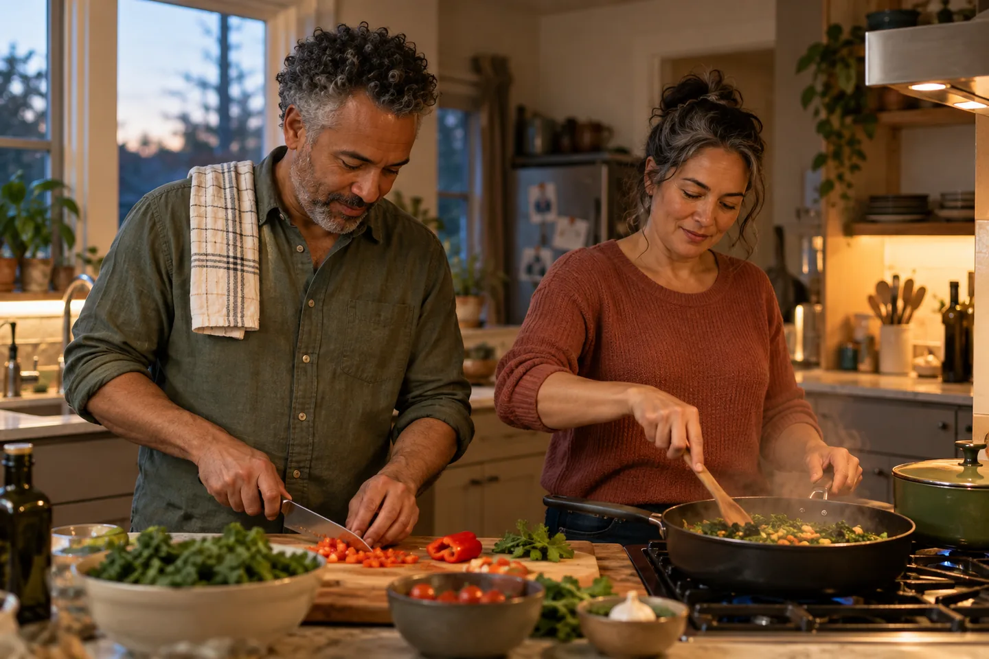 Two partners prepare a weeknight meal together in their kitchen.