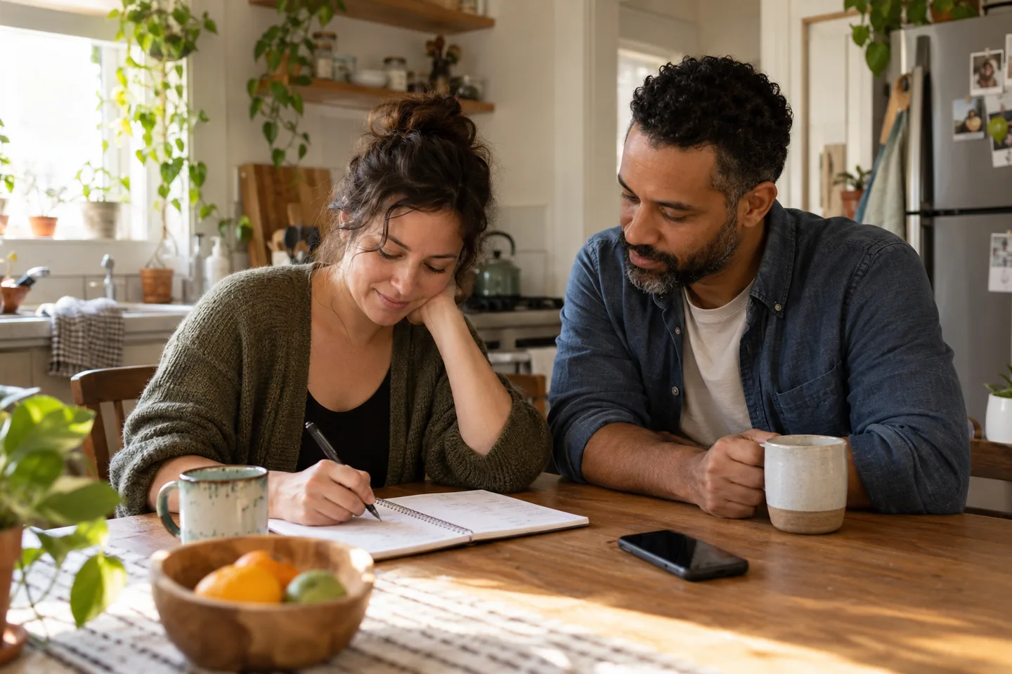 Two partners sit at a kitchen table and plan their week together.